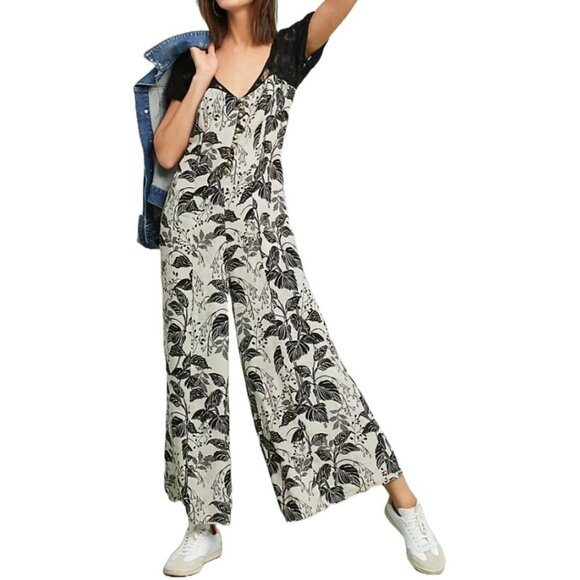 Anthropologie Jumpsuit Wide Leg Women 0 Crop Leaf Floral Black Lace Short Sleeve - Picture 12 of 12